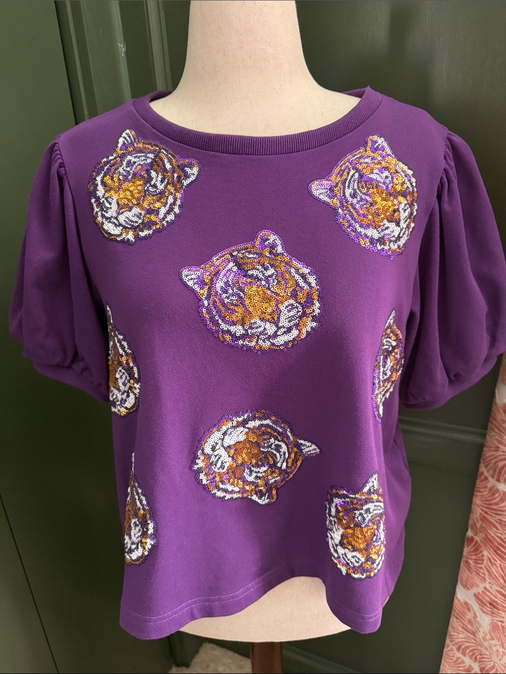 Purple Embroidered Tiger Motif Puff Sleeve Top - Gameday